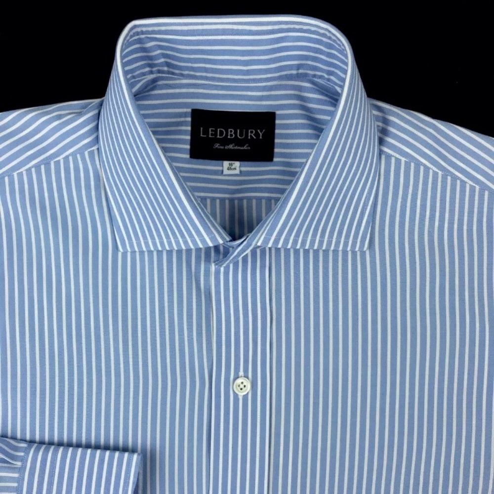 Ledbury Mens Blue Striped Button Front Non Iron
